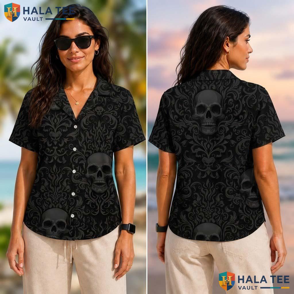 Black Skull Graphic Tropical Shirt Mens Crazy Graphic Vacation Apparel