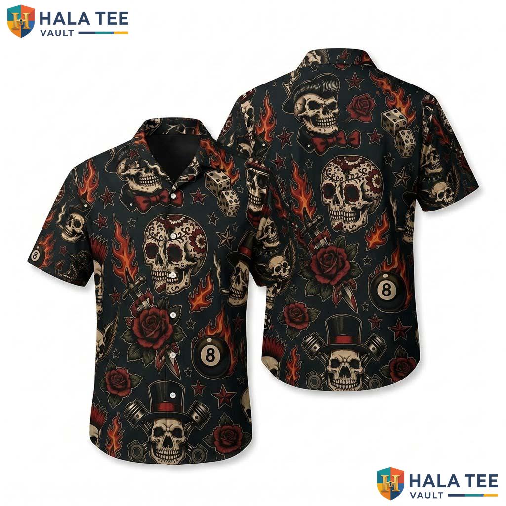 Black Skull Halloween Hawaiian Shirt Gothic Tattoo Flash Punk Top