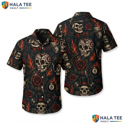 Black Skull Halloween Hawaiian Shirt Gothic Tattoo Flash Punk Top