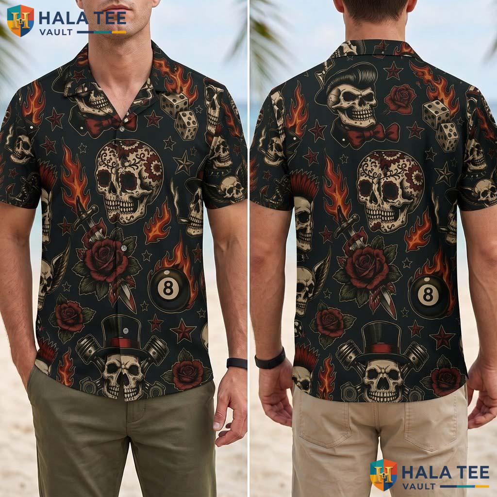 Black Skull Halloween Hawaiian Shirt Gothic Tattoo Flash Punk Top Adult