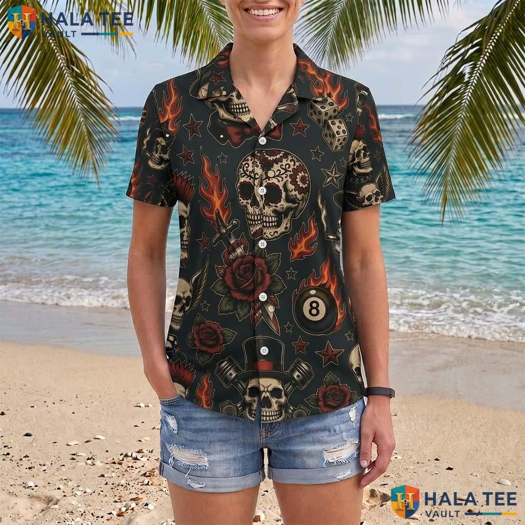 Black Skull Halloween Hawaiian Shirt Gothic Tattoo Flash Punk Top Adult