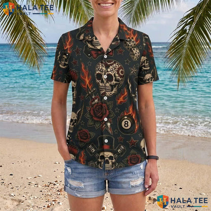 Black Skull Halloween Hawaiian Shirt Gothic Tattoo Flash Punk Top Adult