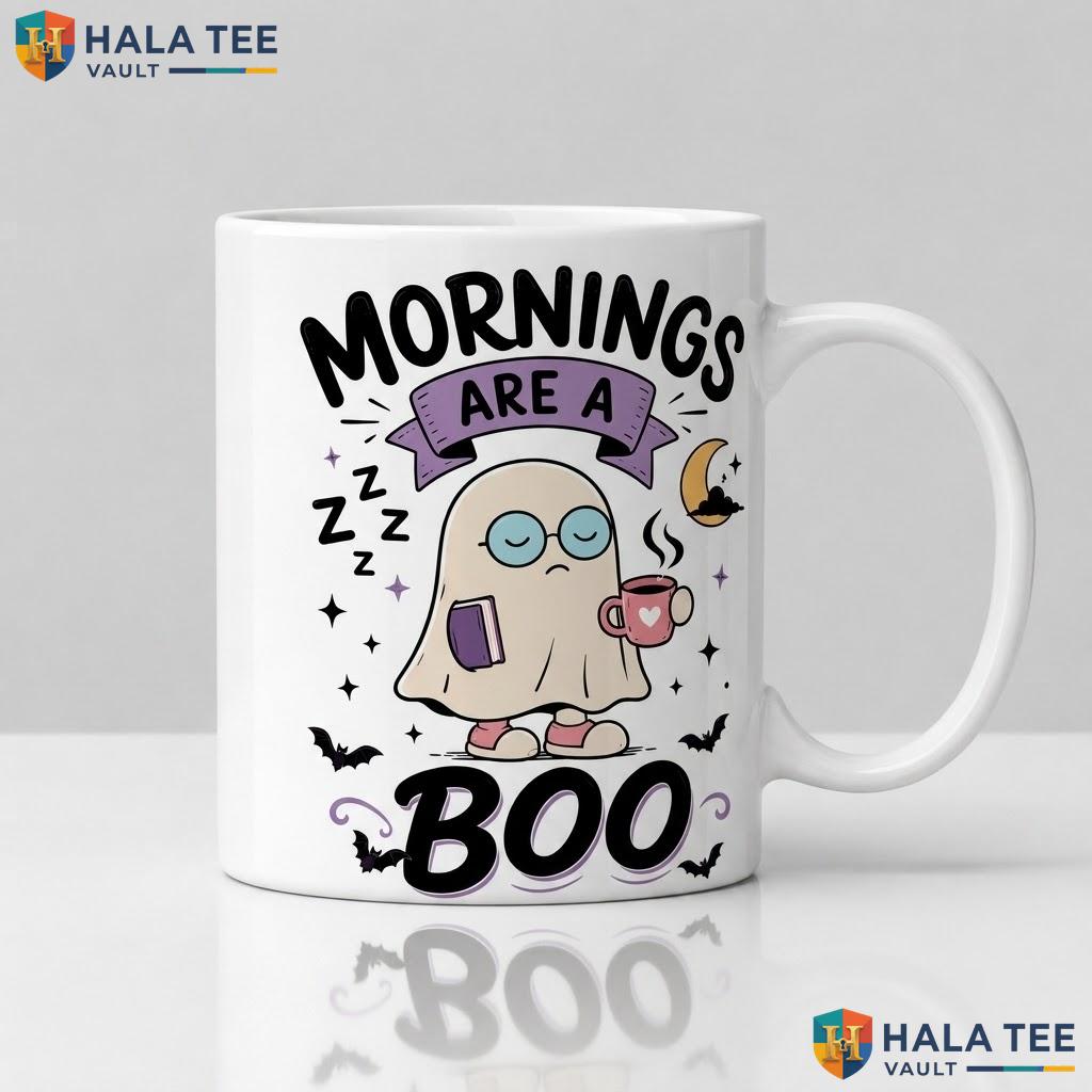 Black Sleepy Ghost Halloween Cup Funny Mornings Are A Boo Ceramic Mug
