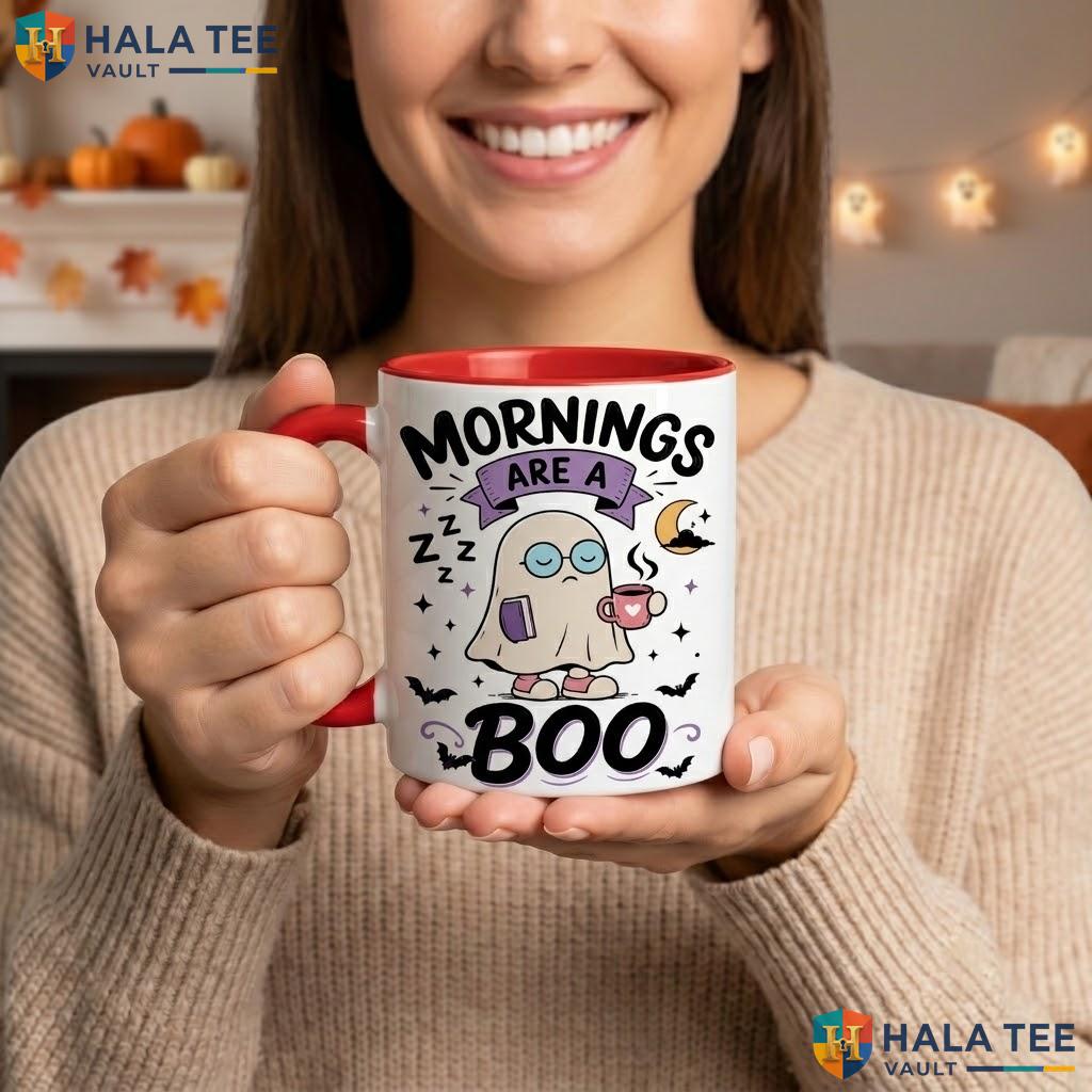 Black Sleepy Ghost Halloween Camping Mug Funny Mornings Are A Boo Ceramic Mug