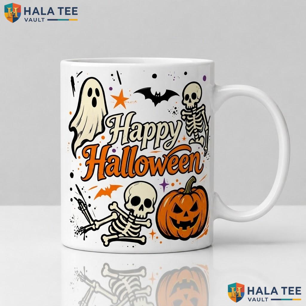 Black Spooky Halloween Ceramic Mug Ghost Skeleton Bat Pumpkin Coffee Cup