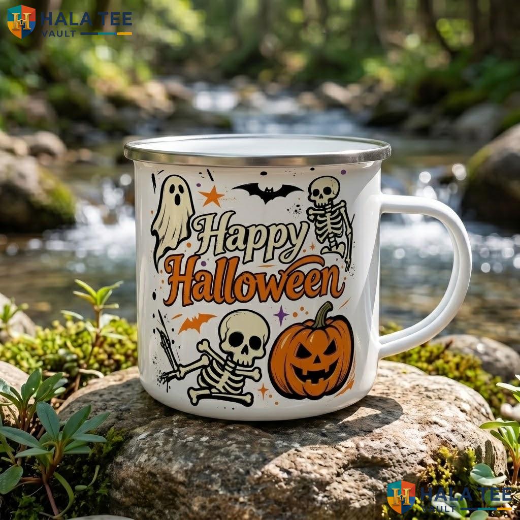 Black Spooky Halloween Ceramic Mug Ghost Skeleton Bat Pumpkin Coffee Accent Mug
