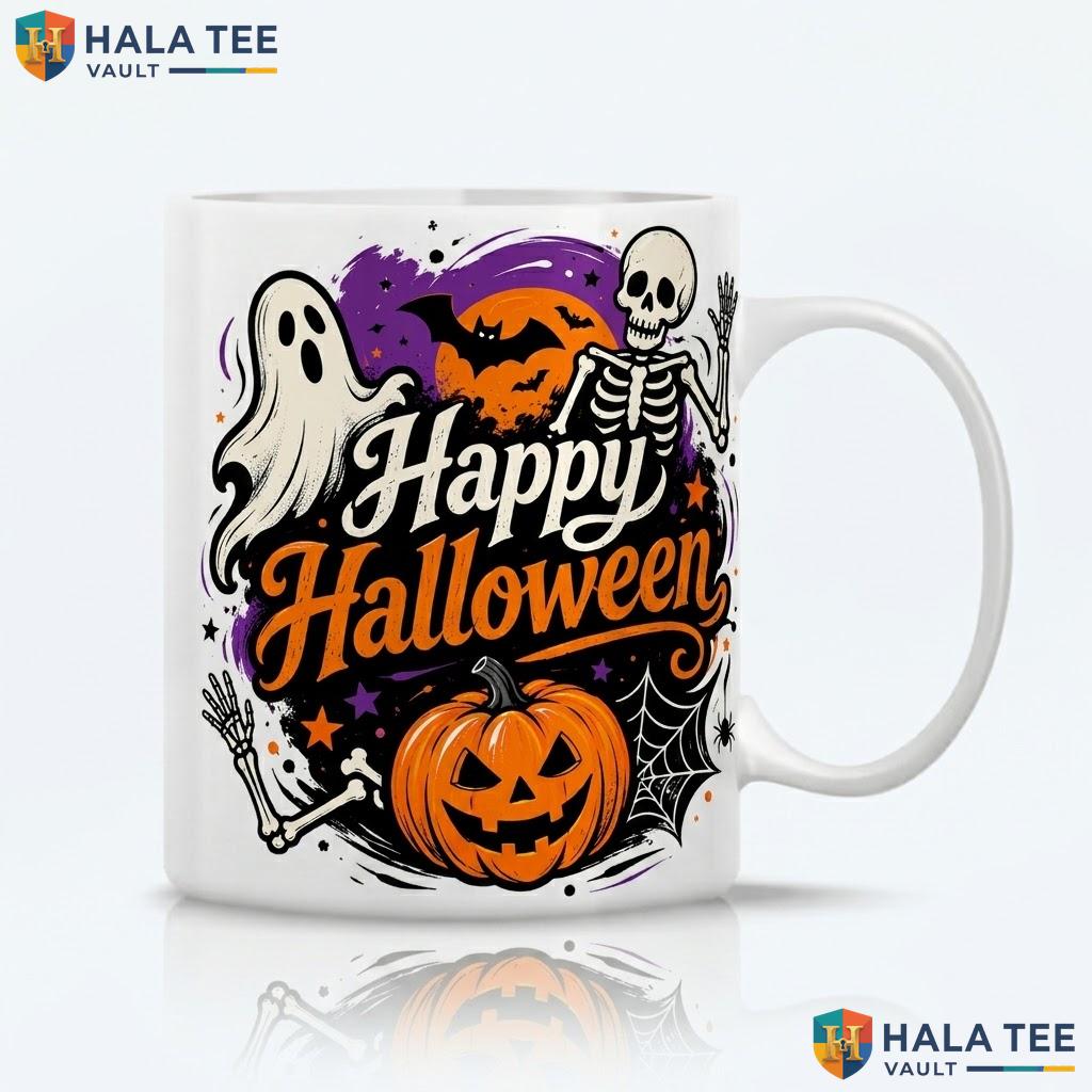Black Spooky Skeleton Halloween Cup Happy Ghost Pumpkin Ceramic Coffee Mug