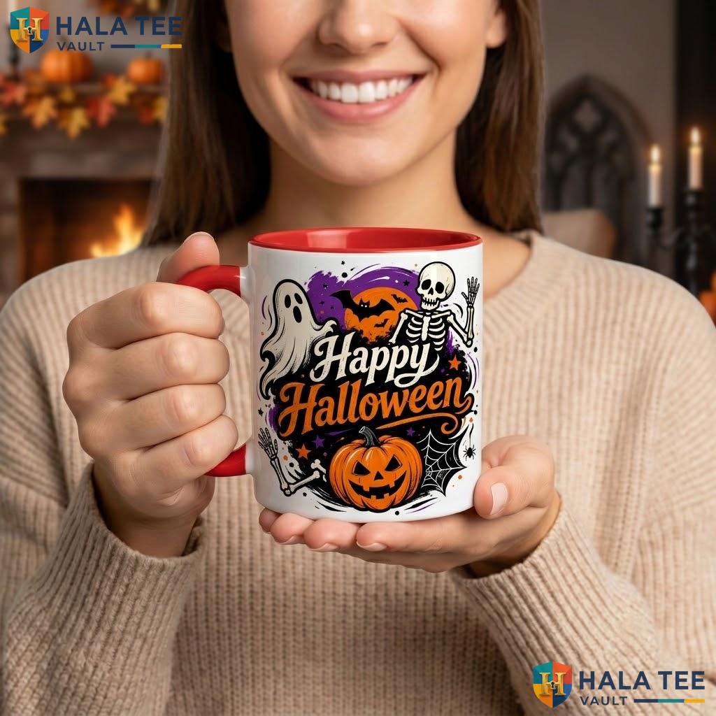 Black Spooky Skeleton Halloween Camping Mug Happy Ghost Pumpkin Ceramic Coffee Mug