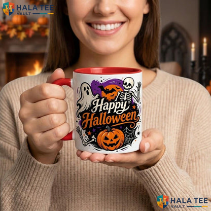 Black Spooky Skeleton Halloween Camping Mug Happy Ghost Pumpkin Ceramic Coffee Mug