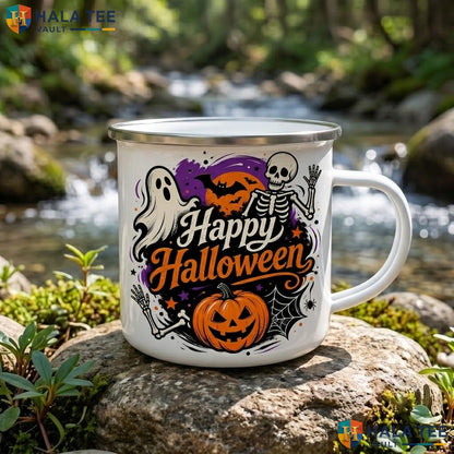 Black Spooky Skeleton Halloween Accent Mug Happy Ghost Pumpkin Ceramic Coffee Mug