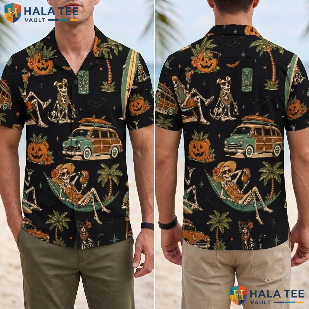 Black Summerween Halloween Aloha Shirt Tropical Skeleton Retro Top Adult