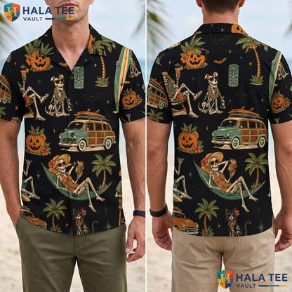 Black Summerween Halloween Aloha Shirt Tropical Skeleton Retro Top Adult