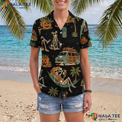 Black Summerween Halloween Aloha Shirt Tropical Skeleton Retro Top Adult