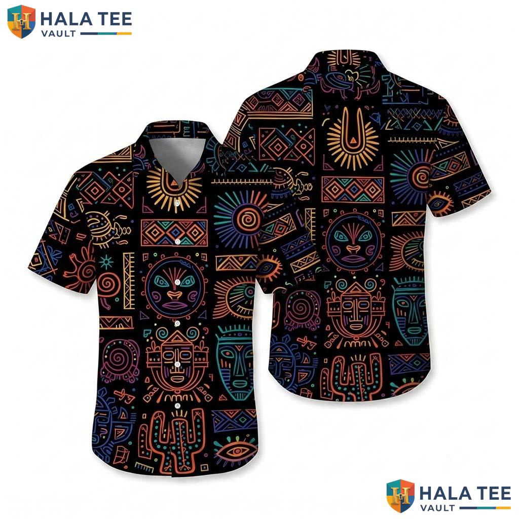 Black Tribal Pattern Hawaiian Shirt Mens Novelty Graphic Aloha Top