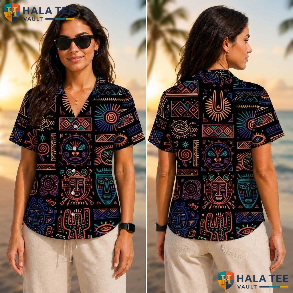 Black Tribal Pattern Tropical Shirt Mens Novelty Graphic Aloha Top
