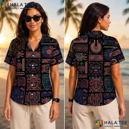 Black Tribal Pattern Tropical Shirt Mens Novelty Graphic Aloha Top