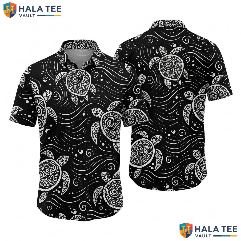Black Turtle Graphic Hawaiian Shirt Mens Short Sleeve Casual Vacation