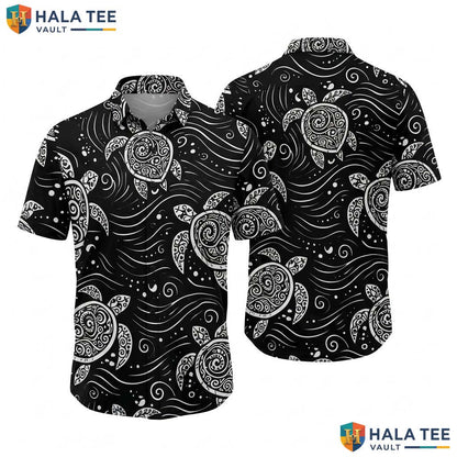 Black Turtle Graphic Hawaiian Shirt Mens Short Sleeve Casual Vacation