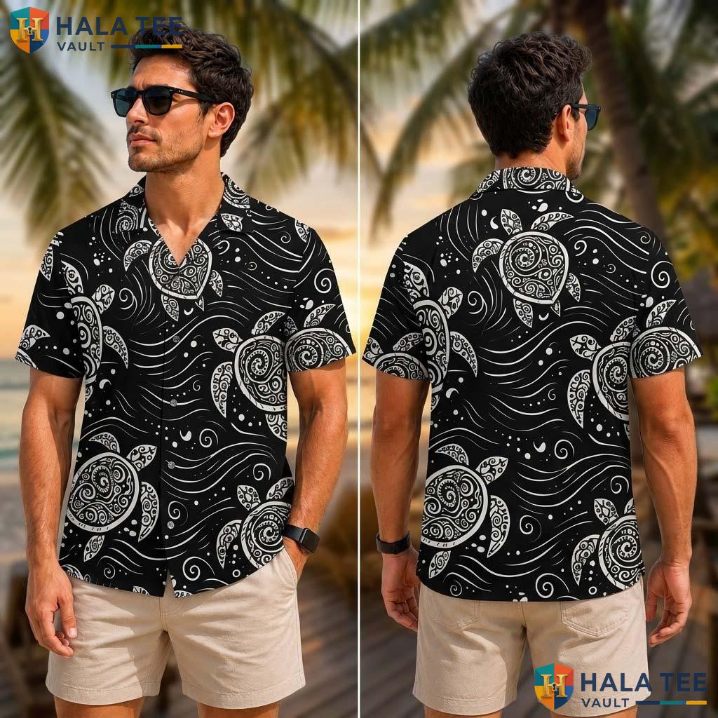 Black Turtle Graphic Tropical Shirt Mens Short Sleeve Casual Vacation