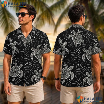 Black Turtle Graphic Tropical Shirt Mens Short Sleeve Casual Vacation