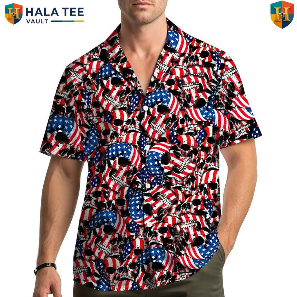 Black USA Skull Hawaiian Shirt Mens Patriotic Freedom Festival Camp Clothing
