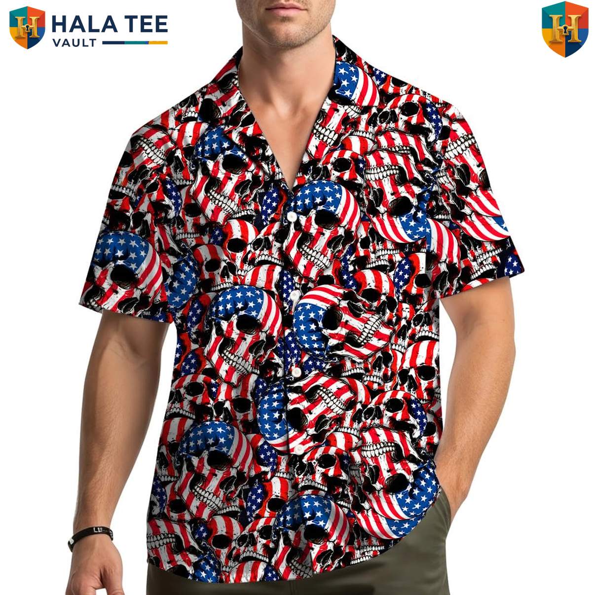 Black USA Skull Hawaiian Shirt Mens Patriotic Freedom Festival Camp Clothing