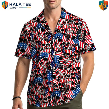 Black USA Skull Hawaiian Shirt Mens Patriotic Freedom Festival Camp Clothing