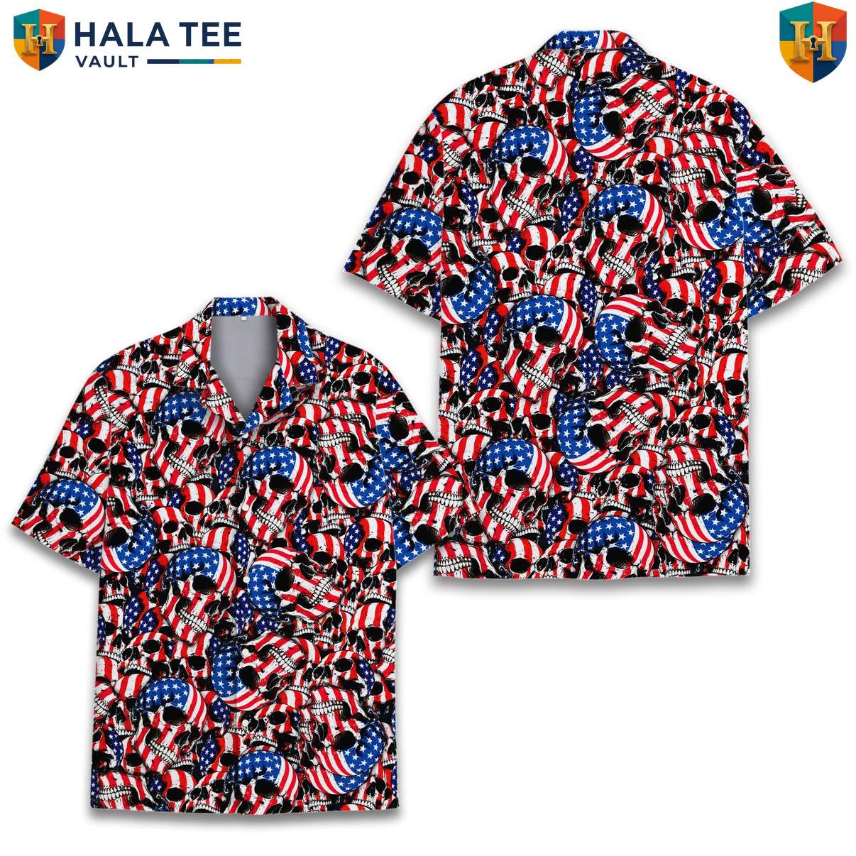 Black USA Skull Short-sleeve button-up shirt Mens Patriotic Freedom Festival Camp Clothing