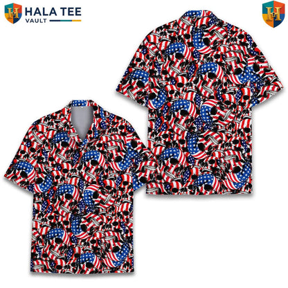 Black USA Skull Short-sleeve button-up shirt Mens Patriotic Freedom Festival Camp Clothing