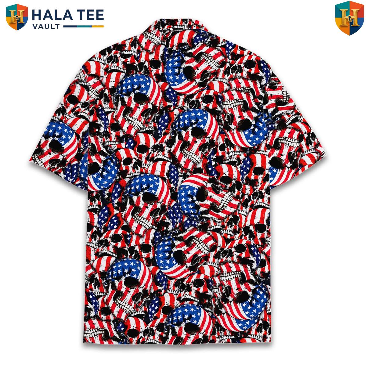 Black USA Skull Aloha Shirt Mens Patriotic Freedom Festival Camp Clothing