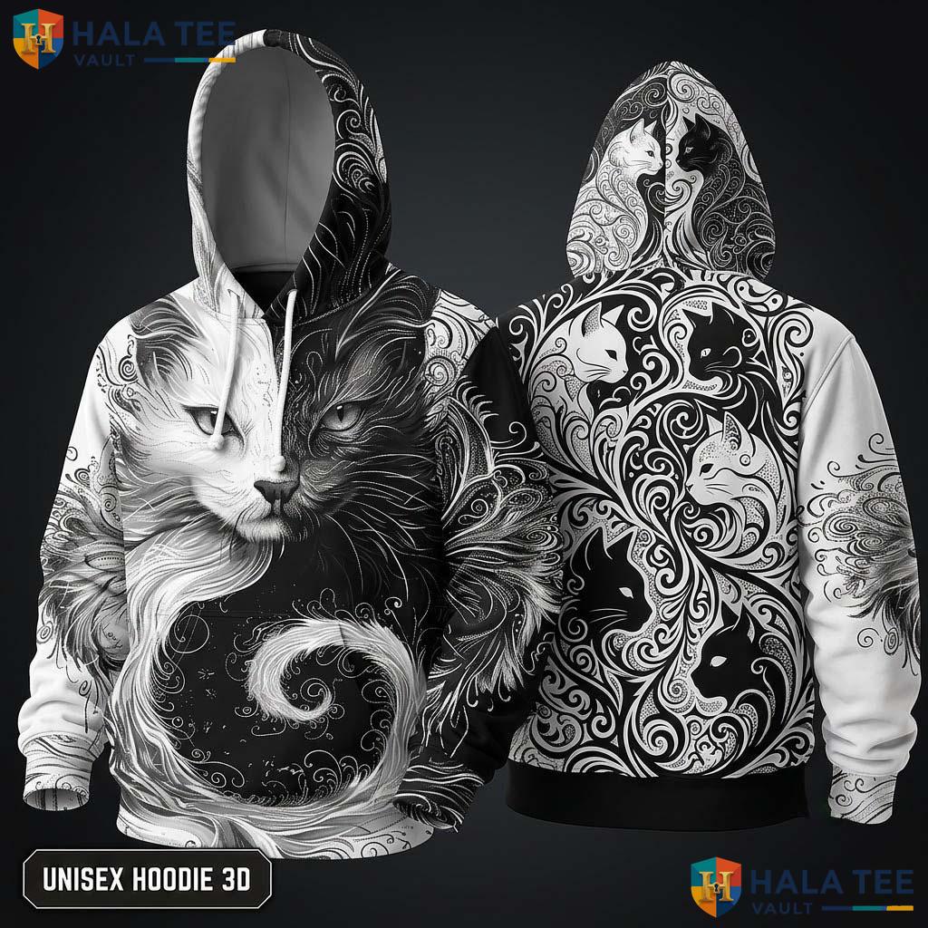 Black White Cat Face 3D Hoodie Bold Expressive Graphic Design Apparel