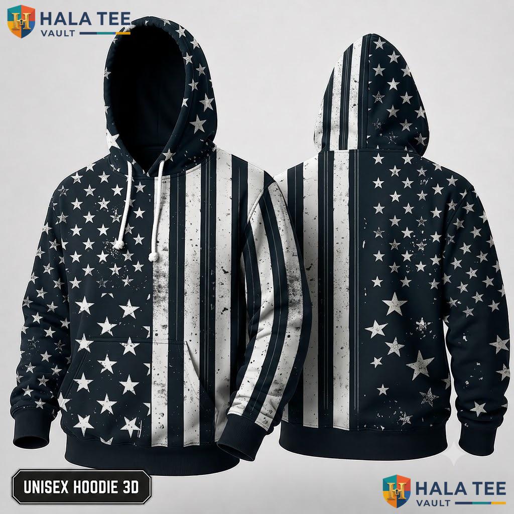 Black White Star Stripe Patriotic Xmas 3D Hoodie Retro Bold Top