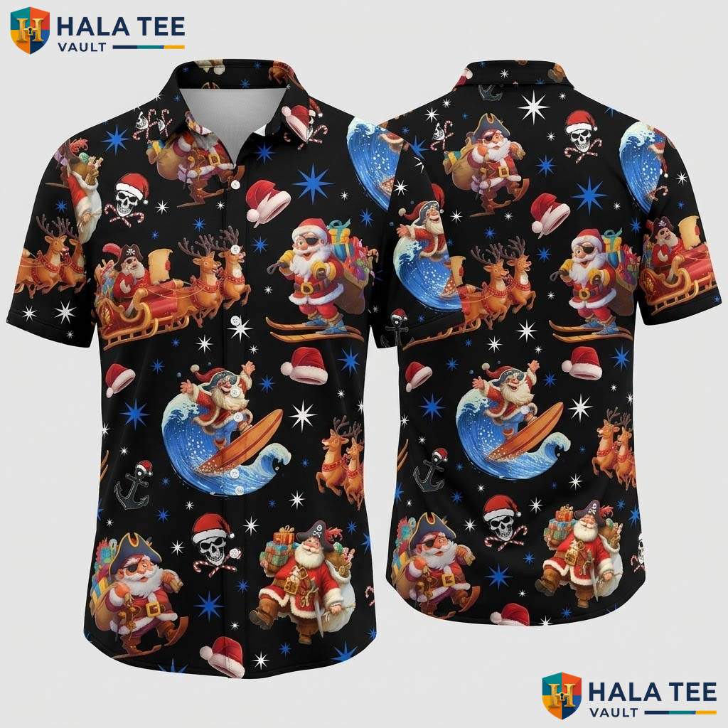 Black Xmas Pirate Aloha Shirt Mens Funny Christmas Holiday Party Gear