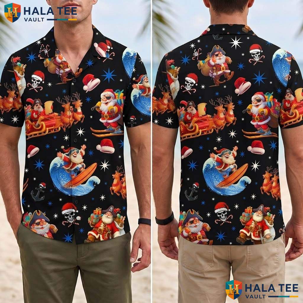 Black Xmas Pirate Aloha T-Shirt Mens Funny Christmas Holiday Party Gear