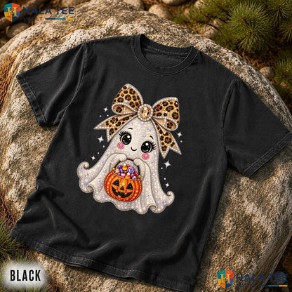 Bling Ghost Pumpkin Bucket Garment-Dyed T-Shirt Cute Halloween Top