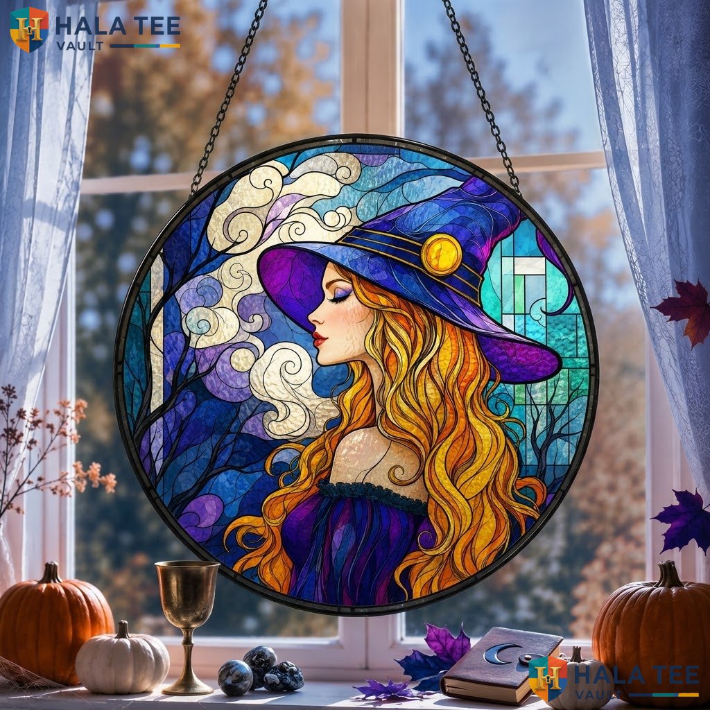 Blonde Witch Halloween Stained Glass Suncatcher Unique Fantasy Art Home Decor