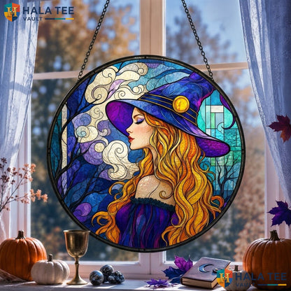 Blonde Witch Halloween Stained Glass Suncatcher Unique Fantasy Art Home Decor