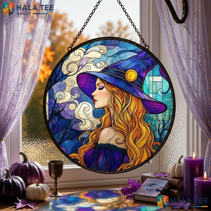 Blonde Witch Halloween Stained Glass Suncatcher Unique Fantasy Art Home Decor Adult