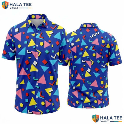 Blue Bright Geometry Hawaiian Shirt Mens Short Sleeve Aloha Button Up