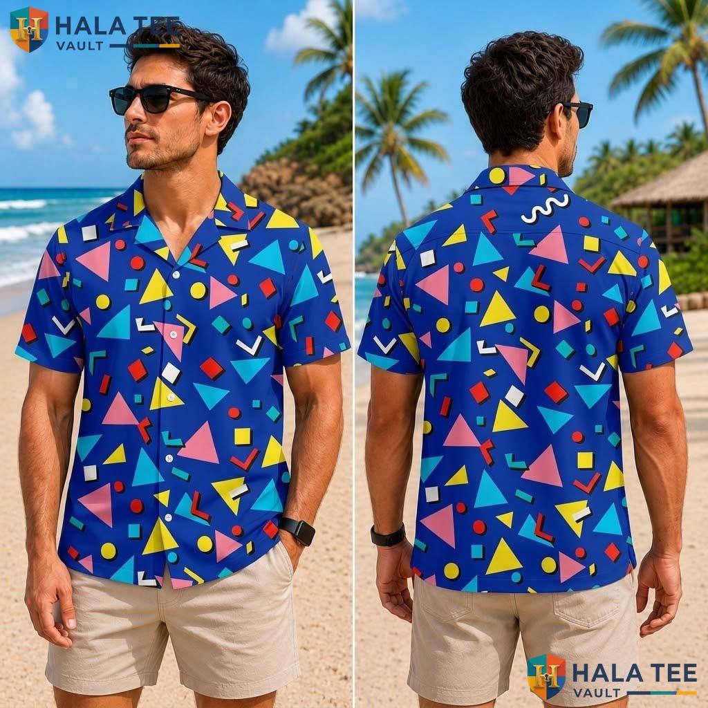 Blue Bright Geometry Tropical Shirt Mens Short Sleeve Aloha Button Up