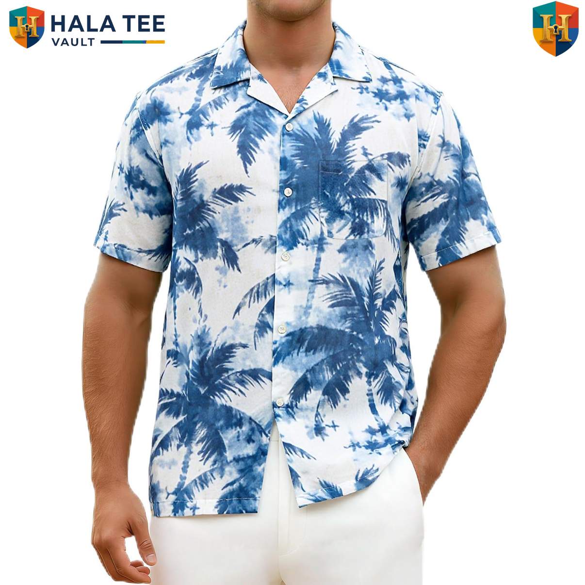 Blue Coconut Tree Hawaiian Shirt Mens Island Vibe Holiday Vacation Clothing
