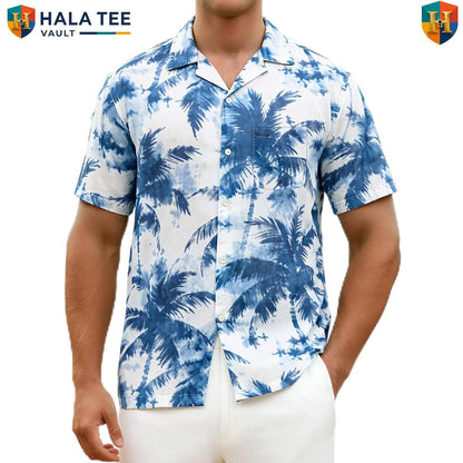 Blue Coconut Tree Hawaiian Shirt Mens Island Vibe Holiday Vacation Clothing