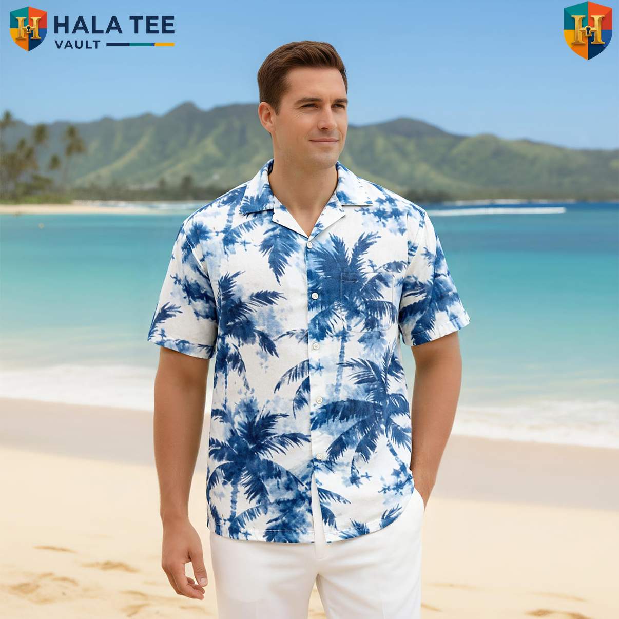 Blue Coconut Tree Short-sleeve button-up shirt Mens Island Vibe Holiday Vacation Clothing