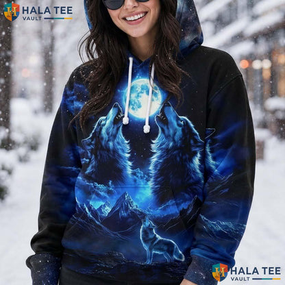Blue Cool Wolf Skull Hoodie Men Women 3D Graphic Novelty Pullover Top AOP Hoodie