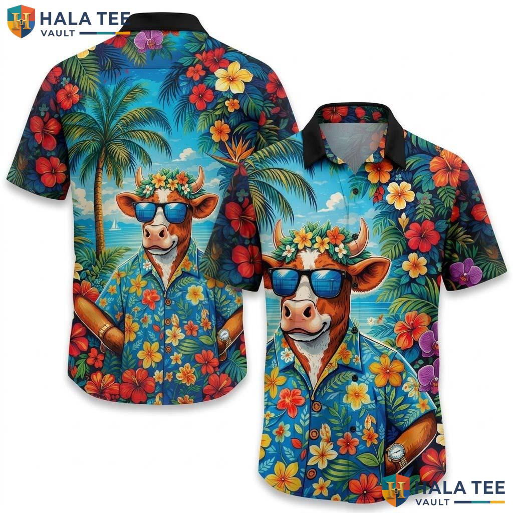 Blue Cow Funny Hawaiian Shirt Mens Novelty Graphic Aloha Button Down