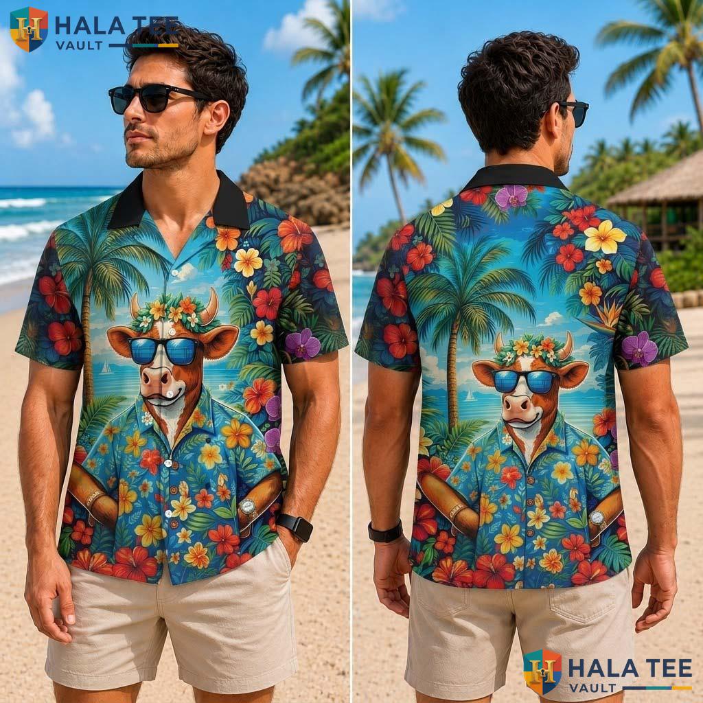 Blue Cow Funny Tropical Shirt Mens Novelty Graphic Aloha Button Down