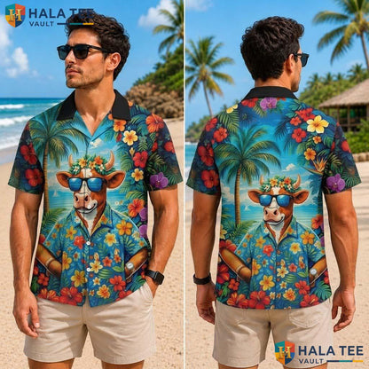 Blue Cow Funny Tropical Shirt Mens Novelty Graphic Aloha Button Down