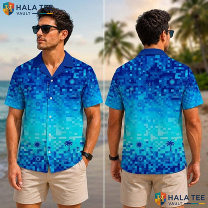 Blue Digital Camouflage Tropical Shirt Mens Short Sleeve Vacation Top