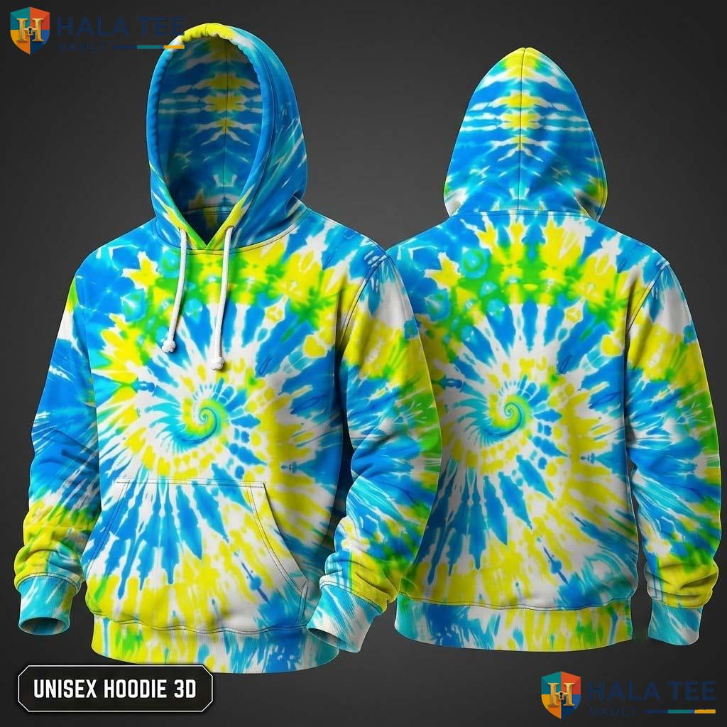 Blue Green Tie Dye Hoodie Mens Unisex Rainbow Graphic Art Pullover Top