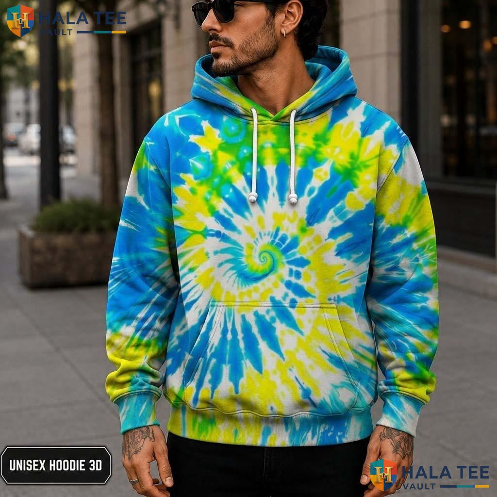 Blue Green Tie Dye Hoodie Mens Unisex Rainbow Graphic Art Pullover Top 3D Printed Hoodie